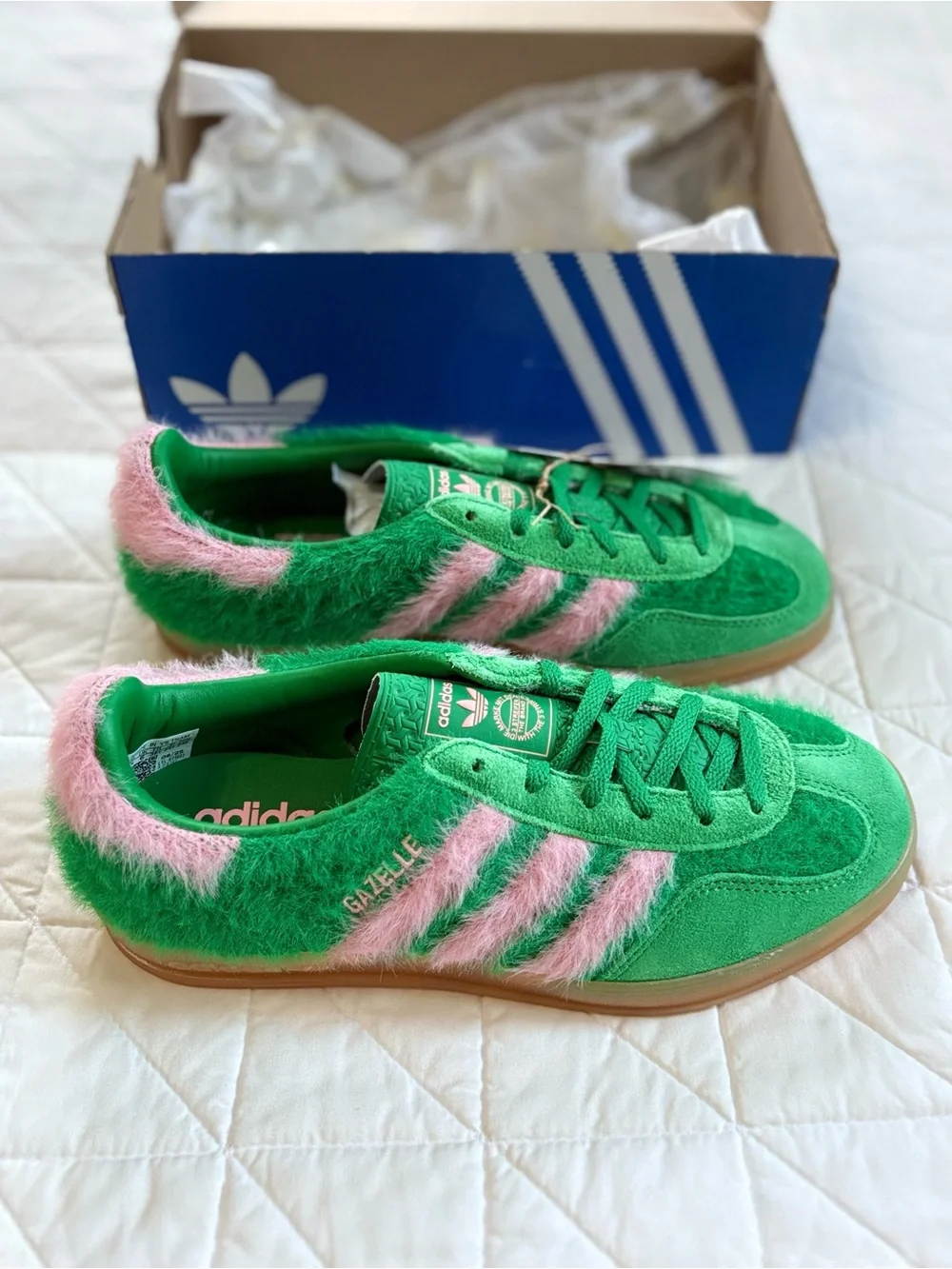 Adidas Gazelle Indoor Green Glow Pink Hairy Mohair-Style Sneakers - Size 7.5 US